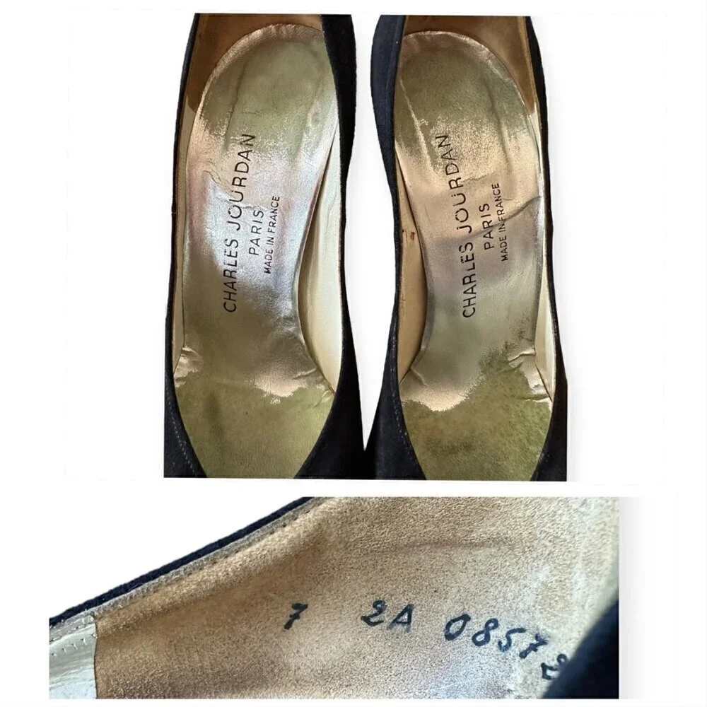 Vintage Charles Jourdan‎ Black Suede Heel with Rhinestone Ball. Size 7 2A